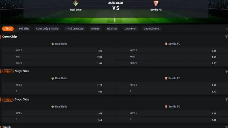 Bảng tỷ lệ kèo trận Real Betis vs Sevilla